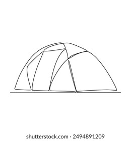 One continuous line drawing of tent vector illustration. Camping and hiking tools design illustration simple linear style vector concept. Tools outdoor activity in the mountain with family or friends.