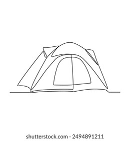 One continuous line drawing of tent vector illustration. Camping and hiking tools design illustration simple linear style vector concept. Tools outdoor activity in the mountain with family or friends.