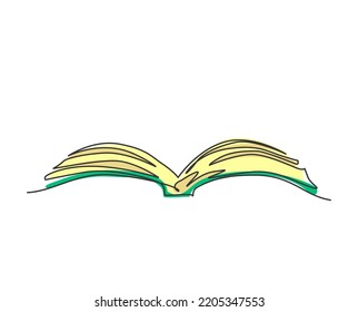 One continuous line drawing of thick open text book logo emblem. University library logotype icon template concept. Modern single line draw graphic design vector illustration