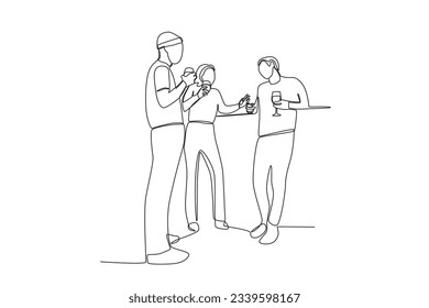 One continuous line drawing of three friends having fun talking while hanging out
