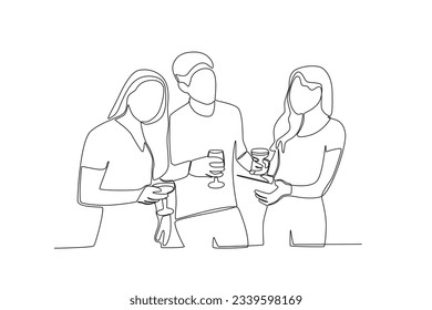 One continuous line drawing of three friends discussing past moments when they got together
