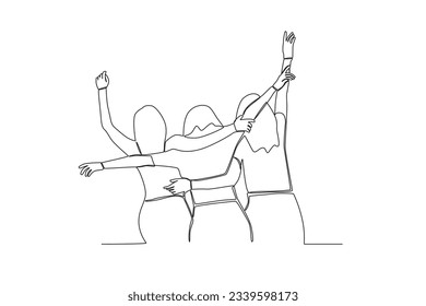 One continuous line drawing of three women who are very happy to be able to hang out together
