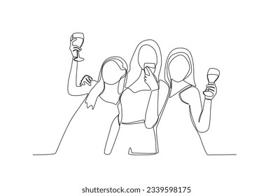 Un dibujo de línea continua de tres amigos capturando el momento mientras tomas el trago
