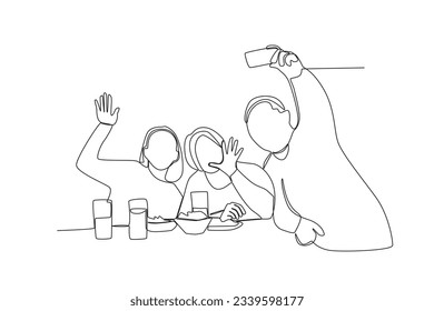 Un continuo dibujo en línea de tres amigos estaban celebrando una reunión en el restaurante y tomando fotos juntos
