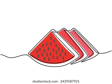 Eine durchgehende Strichzeichnung von drei gesunden Bio-Wassermelonen in Scheiben