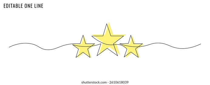 One continuous line drawing of three golden stars. A high quality concept. Editable stroke, simple doodle design, vector illustration