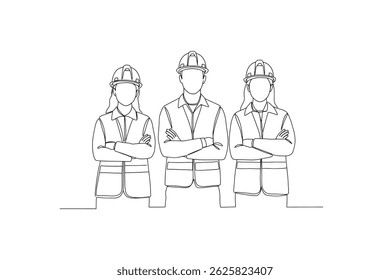 Um desenho de linha contínua de três engenheiros em equipamento de proteção - ilustração da equipe de construção