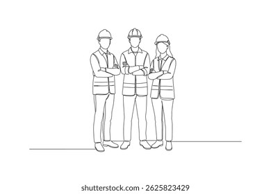 One Continuous Line Drawing of Three Engineers in Protective Gear – Construction Team Illustration