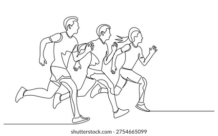 One continuous line drawing of three runners in motion, outline illustration of people jogging together. sport concept, active lifestyle, fitness training, marathon run isolated on a white background.