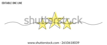 One continuous line drawing of three golden stars. A high quality concept. Editable stroke, simple doodle design, vector illustration