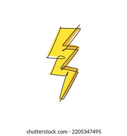 One continuous line drawing of thunder bolt light logo emblem. Power up electricity logotype icon template concept. Modern single line draw graphic design vector illustration