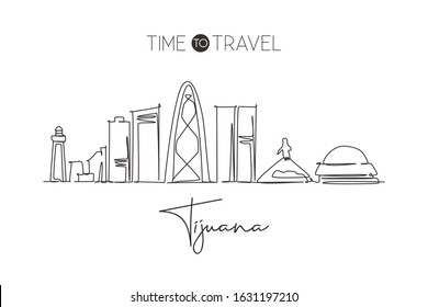 One continuous line drawing Tijuana city skyline, Mexico. Beautiful landmark postcard. World landscape tourism and travel vacation. Editable stylish stroke single line draw design vector illustration