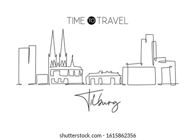 One continuous line drawing of Tilburg city skyline, Netherlands. Beautiful skyscraper. World landscape tourism travel home wall decor poster print. Stylish single line draw design vector illustration