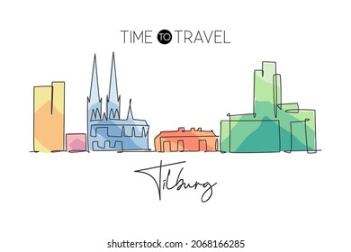 One continuous line drawing of Tilburg city skyline, Netherlands. Beautiful skyscraper. World landscape tourism travel home wall decor poster print. Stylish single line draw design vector illustration