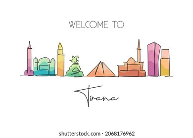 One continuous line drawing of Tirana city skyline, Albania. Beautiful landmark. World landscape tourism and travel vacation poster. Editable stylish stroke single line draw design vector illustration