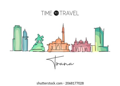 One continuous line drawing of Tirana city skyline, Albania. Beautiful landmark. World landscape tourism and travel vacation poster. Editable stylish stroke single line draw design vector illustration