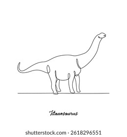 One continuous line drawing of Titanosaurus animal vector illustration. Family Dinosaur themes in simple linear style vector design concept. Dinosaur for your asset design and education purpose.