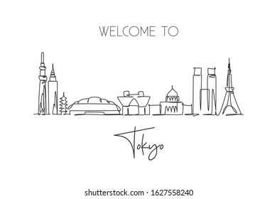 One continuous line drawing of Tokyo city skyline, Japan. Beautiful landmark. World landscape tourism and travel vacation poster. Editable stylish stroke single line draw design vector illustration