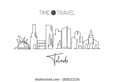 Dibujo continuo del perfil de la ciudad de Toledo, Ohio. Hermosa postal histórica. Turismo paisajístico mundial viajes decoración de paredes de casa afiche impreso. Ilustración vectorial de diseño de trazos de línea simple con estilo