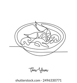 One continuous line drawing of Tom yum food vector illustration. Traditional food in simple linear style vector design concept. Traditional foods have gained global popularity in world communities.