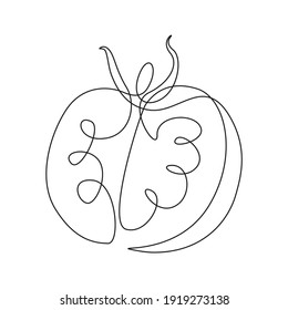 One continuous line drawing tomato. Fresh slice healthy organic vegetable concept for veggie garden icon. Modern minimalistic graphic design vector illustration for logo