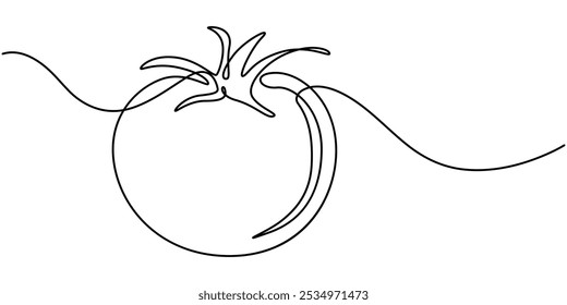Uma linha contínua desenhando vegetal de tomate. Ilustração de linha única de tomate, design de ilustração de vetor de linha contínua de fatia de tomate, Tomate vermelho abstrato em forma de linha única.