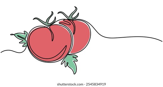 One continuous line drawing Tomato vegetable. Tomato single line illustration, ripe fresh one tomato fruit vegetable line art, Abstract red shaped single line tomato icon,