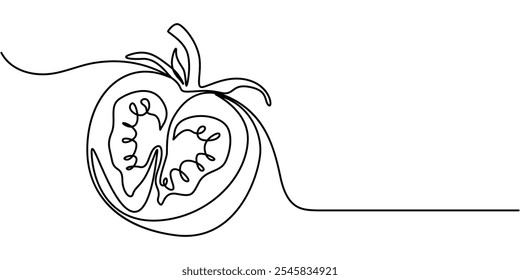 Uma linha contínua desenhando vegetal de tomate. Ilustração de linha única de tomate, maduro fresco uma arte de linha de legumes de fruto de tomate, Abstract red em forma de linha única ícone de tomate,