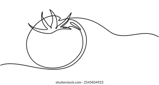 Eine durchgehende Linie, die Tomatengemüse zeichnet. Tomate einzeilige Illustration, reife frische eine Tomate Obst Gemüse Linie Kunst, Abstrakt rot geformt einzeilige Tomate Symbol,