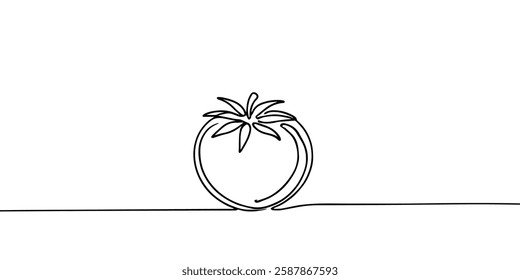 One continuous line drawing Tomato vegetable. Tomato single line illustration, ripe fresh one tomato fruit vegetable line art, Abstract red shaped single line tomato icon