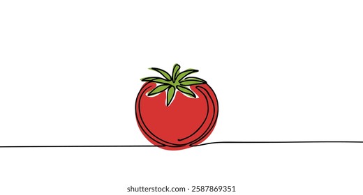 One continuous line drawing Tomato vegetable. Tomato single line illustration, ripe fresh one tomato fruit vegetable line art, Abstract red shaped single line tomato icon