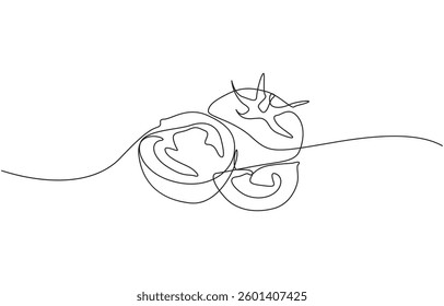 One continuous line drawing Tomato vegetable. Tomato single line illustration, Fresh tomatoes drawn with continuous line in minimalism, one line, editable vector outline.