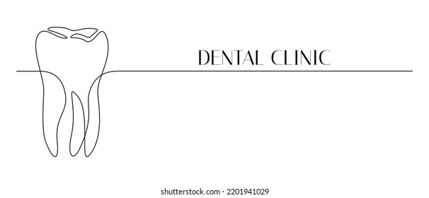 One continuous line drawing of tooth. Dental clinic logo or oral health and hygiene concepr in simple linear style. World Dentist Day template. Editable stroke. Doodle vector illustration