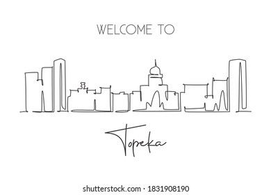 Eine durchgehende Zeichnung der Skyline der Stadt Topeka, Kansas. Schöner Wahrzeichen. Weltlandschaftstourismus reist nach Hause Wand Dekor Poster Druck. Stilvolle Einzeilengrafik-Design, Vektorgrafik