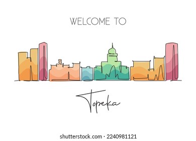 One continuous line drawing of Topeka city skyline, Kansas. Beautiful landmark. World landscape tourism travel home wall decor poster print. Stylish single line draw graphic design vector illustration