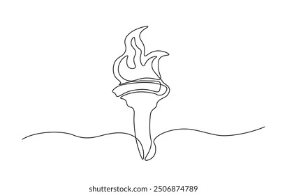 One continuous line drawing Torch flame - symbol of enlightenment and hope. Torch single line illustration.