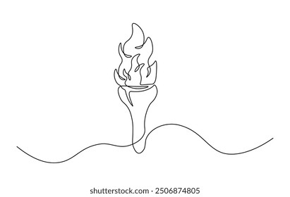 One continuous line drawing Torch flame - symbol of enlightenment and hope. Torch single line illustration.