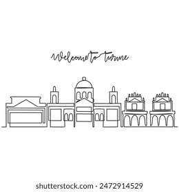 One continuous line drawing of Torino skyline vector illustration. Modern city in Europe in simple linear style vector design concept. One of big city in Italy. Iconic architectural building design.