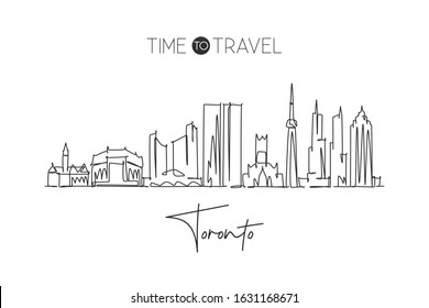 One continuous line drawing of Toronto city skyline, Canada. Beautiful landmark postcard. World landscape tourism travel vacation. Editable stylish stroke single line draw design vector illustration