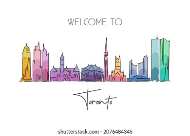 One continuous line drawing of Toronto city skyline, Canada. Beautiful landmark postcard. World landscape tourism travel vacation. Editable stylish stroke single line draw design vector illustration