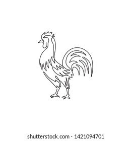 One continuous line drawing of tough rooster for poultry business logo identity. Chicken mascot concept for organic meat food icon. Dynamic single line vector graphic draw design illustration