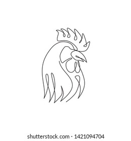 One continuous line drawing of tough rooster for poultry business logo identity. Chicken mascot concept for organic meat food icon. Trendy single line draw vector graphic design illustration