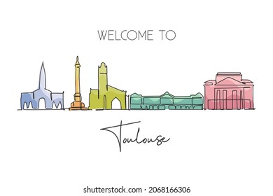 One continuous line drawing of Toulouse city skyline, France. Beautiful skyscraper postcard. World landscape tourism travel vacation wall decor poster art. Single line draw design vector illustration