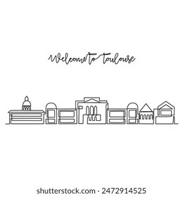 One continuous line drawing of Toulouse skyline vector illustration. Modern city in Europe in simple linear style vector design concept. One big city in France. Iconic architectural building design.