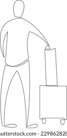 One continuous line drawing of a tourist with luggage is waiting for transport. Traveler with suitcase on vacation. Traveling man with luggage. Single line drawn isolated on white background.