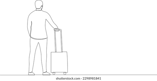 One continuous line drawing of a tourist with luggage is waiting for transport. Traveler with suitcase on vacation. Traveling man with luggage. Single line drawn isolated on white background.