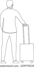 One continuous line drawing of a tourist with luggage is waiting for transport. Traveler with suitcase on vacation. Traveling man with luggage. Single line drawn isolated on white background.
