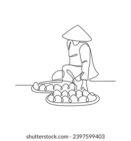 One continuous line drawing of a trader is selling his wares at a traditional market vector illustration. Traditional market illustration simple linear style vector concept. Market activity design.