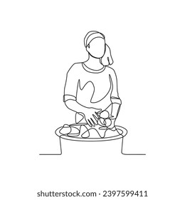 One continuous line drawing of a trader is selling his wares at a traditional market vector illustration. Traditional market illustration simple linear style vector concept. Market activity design.