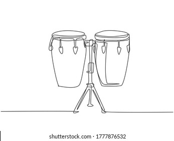 Un contínuo dibujo de tambor étnico africano tradicional, bongo. Concepto de instrumentos musicales de percusión. Ilustración gráfica de dibujo de línea única dinámica